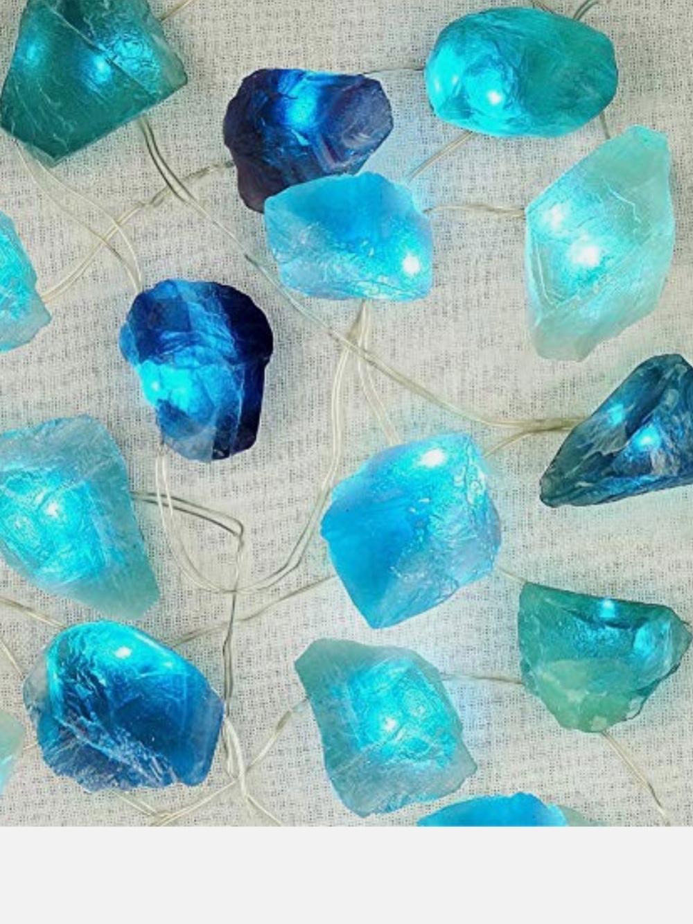 Natural Fluorite String Lights Battery Operated with Remote Sea Glass Raw Blue